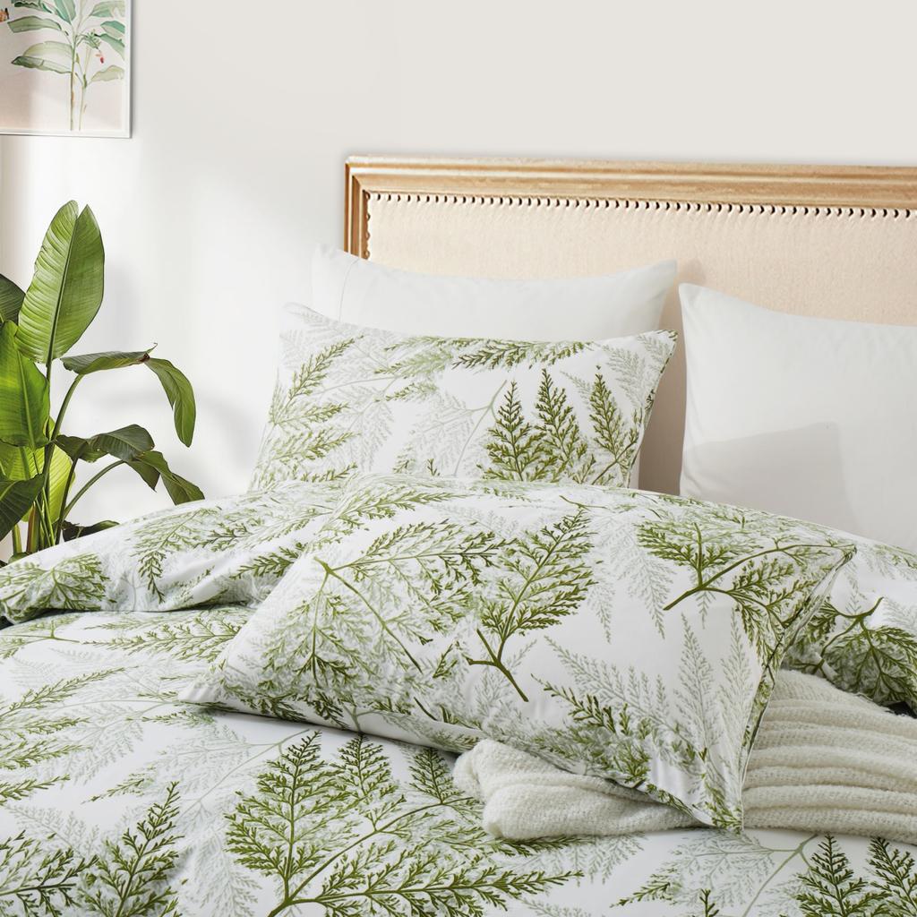 Sage Green Leaves Duvet Cover Full King, Farmhouse Botanical Bedding Set for Girls Teen Garden Plant Leaf Reversible Quilt Cover