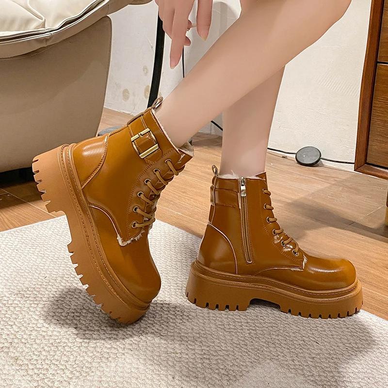 Fashion Chunky Platform Combat Boots for Women 2024 Winter Thicken Warm Plush Ankle Boots Woman Punk Thick Bottom PU Leather Botas Mujer