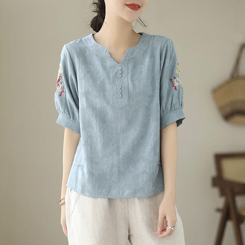 Summer Cotton Linen Jacquard Embroidered T-shirt Artistic Retro Casual Versatile Top for Women Blouses & Shirts