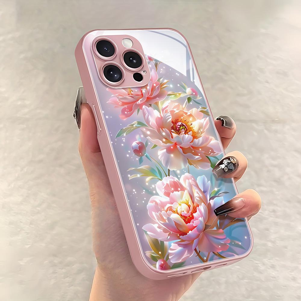 Чехол для телефона с ракушкой из розового и белого стекла Пион Для iPhone 17 17 Pro Max 17 Pro 16 13 Для iPhone 15 14 12 Air 11 Чехол с металлическим каркасом Funda