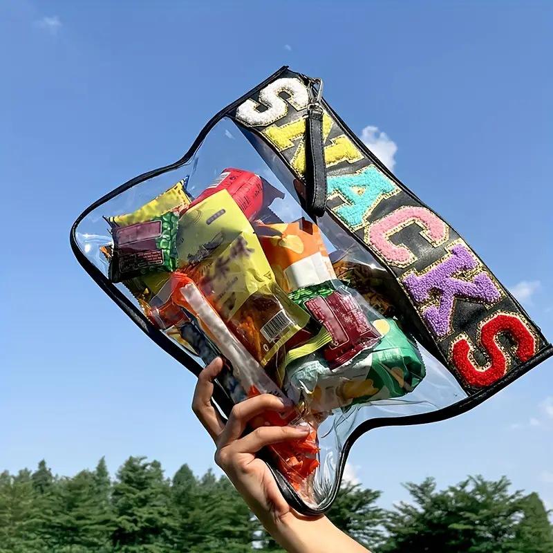 Transparent PVC Zipper Snack Bag with Embroidered Letters - Portable PU Waterproof Makeup and Toiletry Handbag