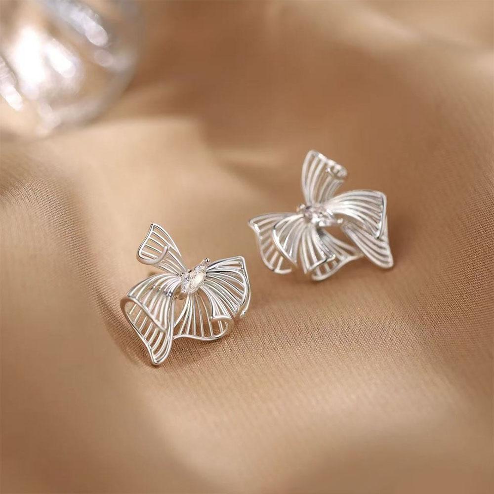925 Silver Wide Zircon Bowknot Stud Earrings For Women Party Classic Fine Jewelry Exaggerated Light Accessories