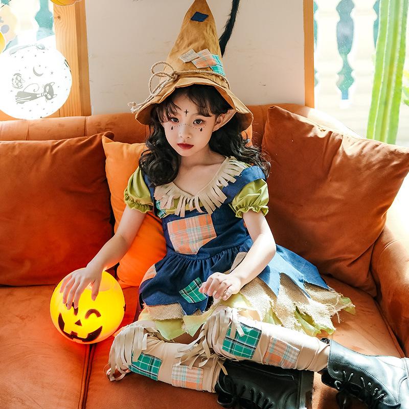 Halloween costumes for kids, baby clothes, straw costume, pastoral dress, girls' clown and witch costumes for performances