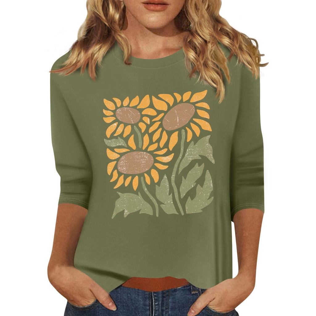 Women's Fashion Casual Printed Seven Sleeve Round Neck Top