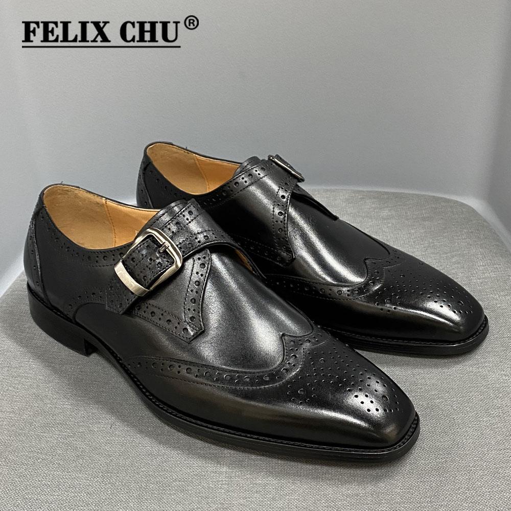 Fashion Men's Luxury Genuine Leather Wingtip Oxfords Italian Monk Strap Buckle Brogue Dress Shoes for Business Wedding Formal Wear