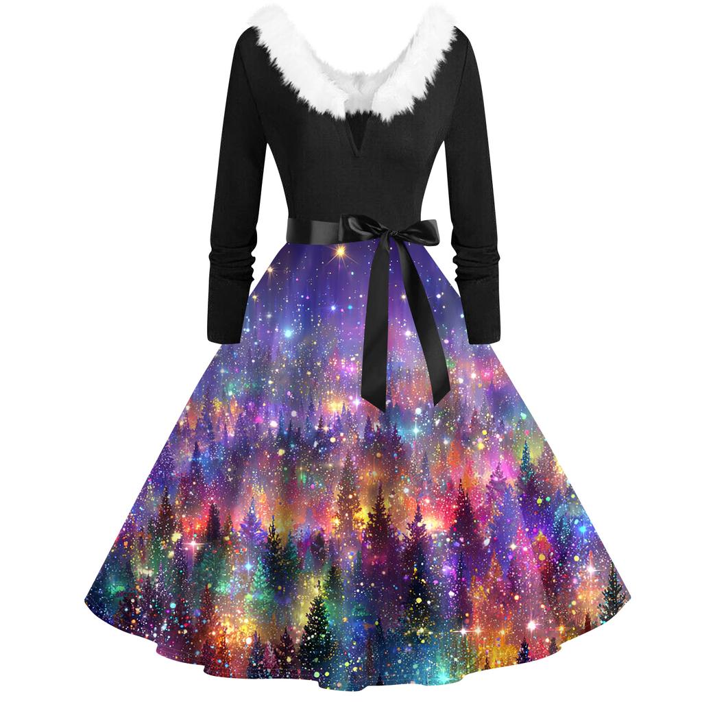 Женская мода с v-образным вырезом, повседневные тонкие рождественские платья с воротником из волос и длинными рукавами с принтом