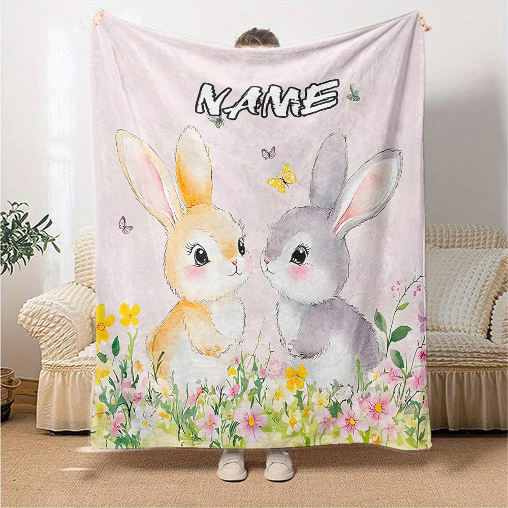 Adorable Bunnies In A Floral Garden Throw Customizable Blanket Customize Text Comfortable Texture Throw For Sofa Couch Office Bed Picnics Four Seasons