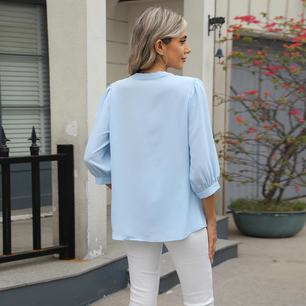 Женская весна-лето с коротким рукавом и круглым вырезом, однотонная рубашка-пуловер, блузка, топ