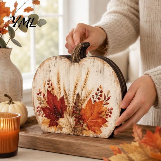 Desktop Decorative Wood Signs Thanksgiving Fall Pumpkin Table Decoration, Rustic Block Wooden Sign, Autumn Vintage Centerpiece Farmhouse Tabletop for