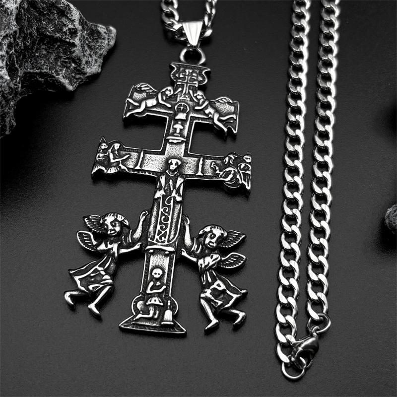 Католический Крест Каравака INRI Распятие Иисуса Ангел Херувим Ожерелье для Женщин Мужчин Нержавеющая Сталь Православная Россия Ювелирное Изделие Подарок