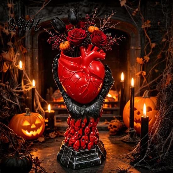 Unique Gothic Art Gift Hand Holding Human Heart Organ Vase, Anatomical Shaped Devil Palm Flower Pot Spooky Halloween Desktop for Living Room