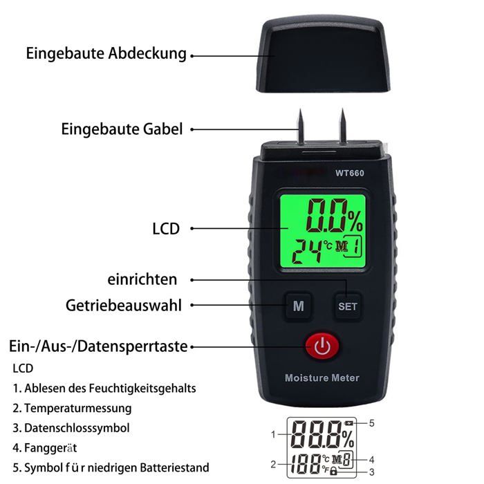 Humidimètre pour bois - AIMOONSA - type broche - 7 modes - écran LCD rétroéclairé - détecteur de moisissures