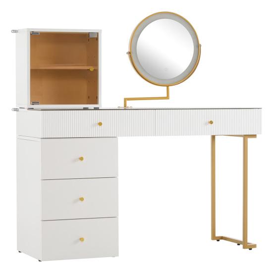 Vanity Desk Dressing Table Set with LED Mirror 5 Drawers Transparent Tempered Glass Large Top Side And Cabinet Elegant Furniture White Furniture