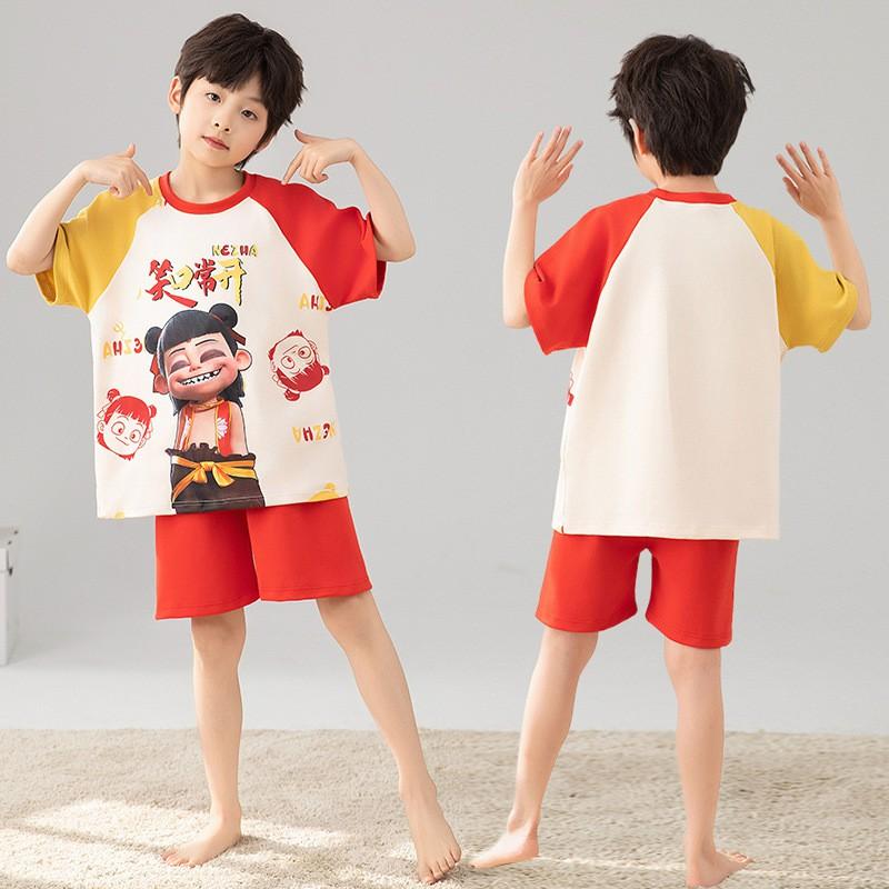 Boys Cotton Pajama Set Short Sleeve Cartoon Print Lightweight Sleepwear Kids 8 Years Home Wear