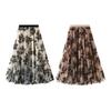 Women A-Line Skirt 3D Embroidered Leaf Print Double-Layered Mesh Tulle High Waist Midi Skirt