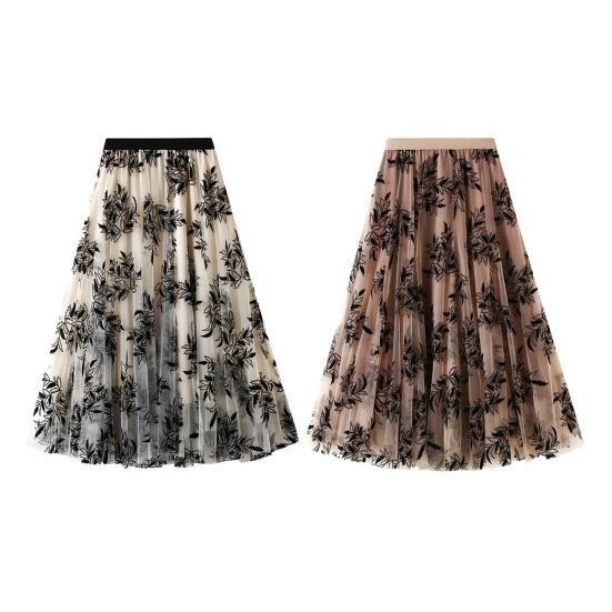 Women A-Line Skirt 3D Embroidered Leaf Print Double-Layered Mesh Tulle High Waist Midi Skirt