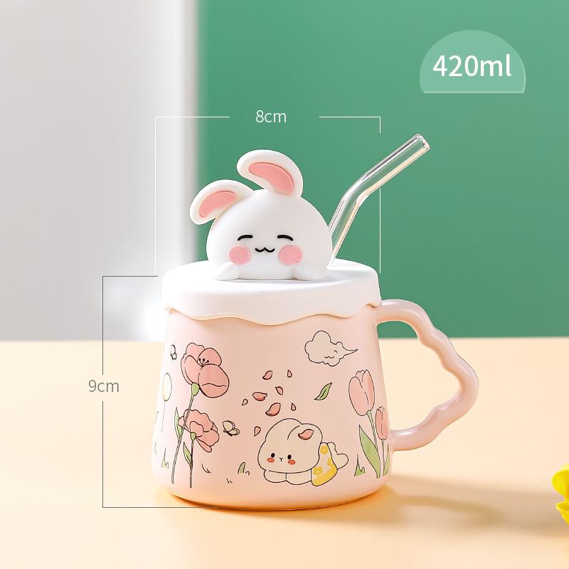 Family Suit Rabbit Ceramic Cup High Value Straw Cup with Lid Cute Cup Souvenir Gift Cup