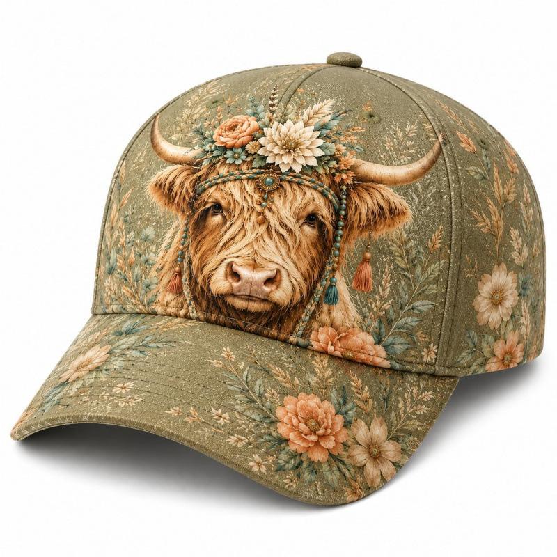 Floral Highland Cow Baseball Cap for Women, Adjustable Cow L