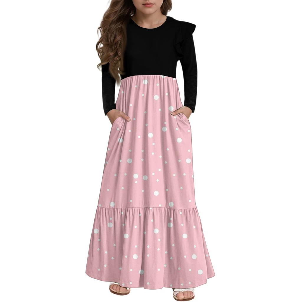 Girls' Tiered Ruffle Dress - Long Sleeve Printed Maxi With Pockets