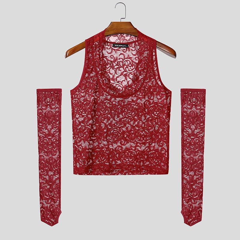 INCERUN Мужские топы-майки с V-образным вырезом, кружевные, прозрачные, для вечеринок и клубов