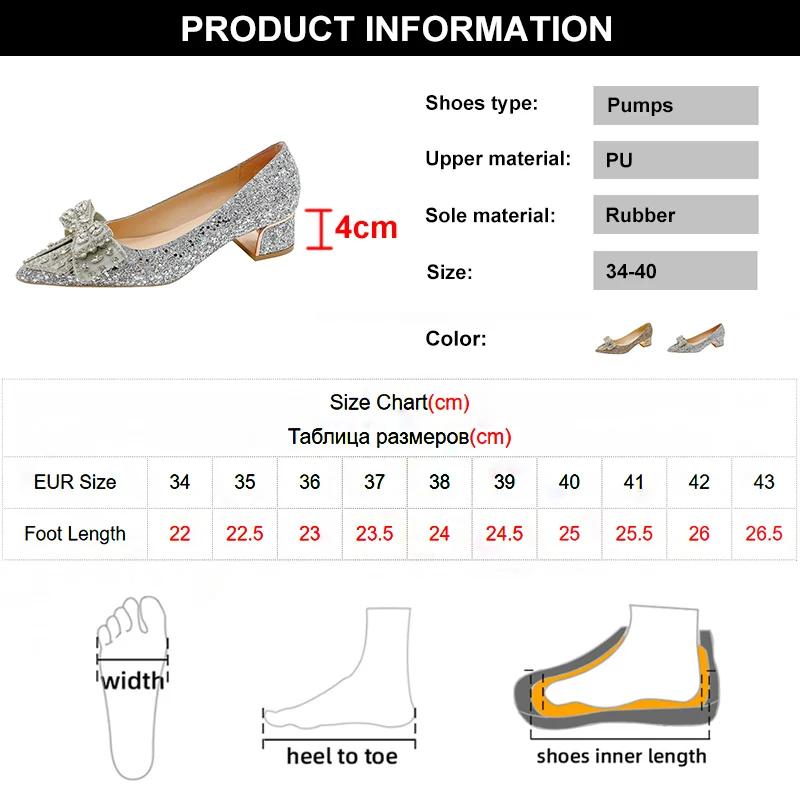 Shiny Crystal Bowknot Pumps Women 2024 New Thick Heels Rhinestone Wedding Party Shoes Woman Gold Silver Sequin Pointed Toe Pumps