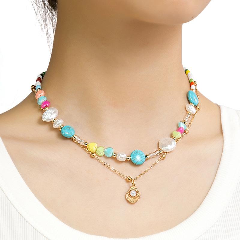 Candy Colored Beads Stacked Necklace Vintage Contrasting Baroque Pearl Tulip Pendant Collarbone Chain Women