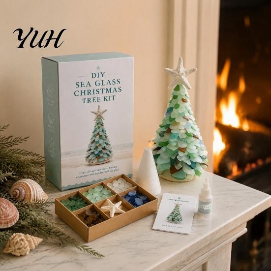 Ocean Inspired Holiday Ornaments DIY Sea Glass Christmas Tree Art Kit, 3D Coastal Xmas Craft Kit Beach Theme Home Decorations with Pieces, Handmade