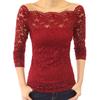 Женские топы с косым воротником и длинными рукавами, кружевная рубашка с ажурным кружевом, сплошной цвет