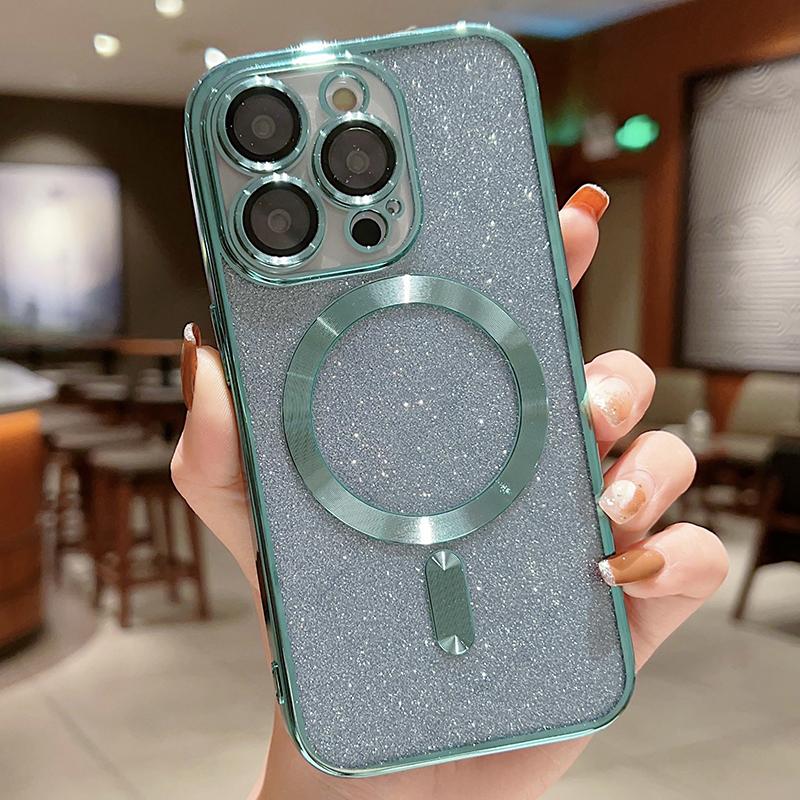 With Lens Protector Electroplate Phone Case for IPhone 15 14 11 12 13 Pro Max for Magsafe Wireless Charge Bumper Glitter Cover