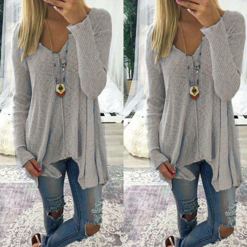 Элегантная женская блузка большого размера с длинным рукавом, свободного кроя, с мешковатым V-образным вырезом, туника, футболка