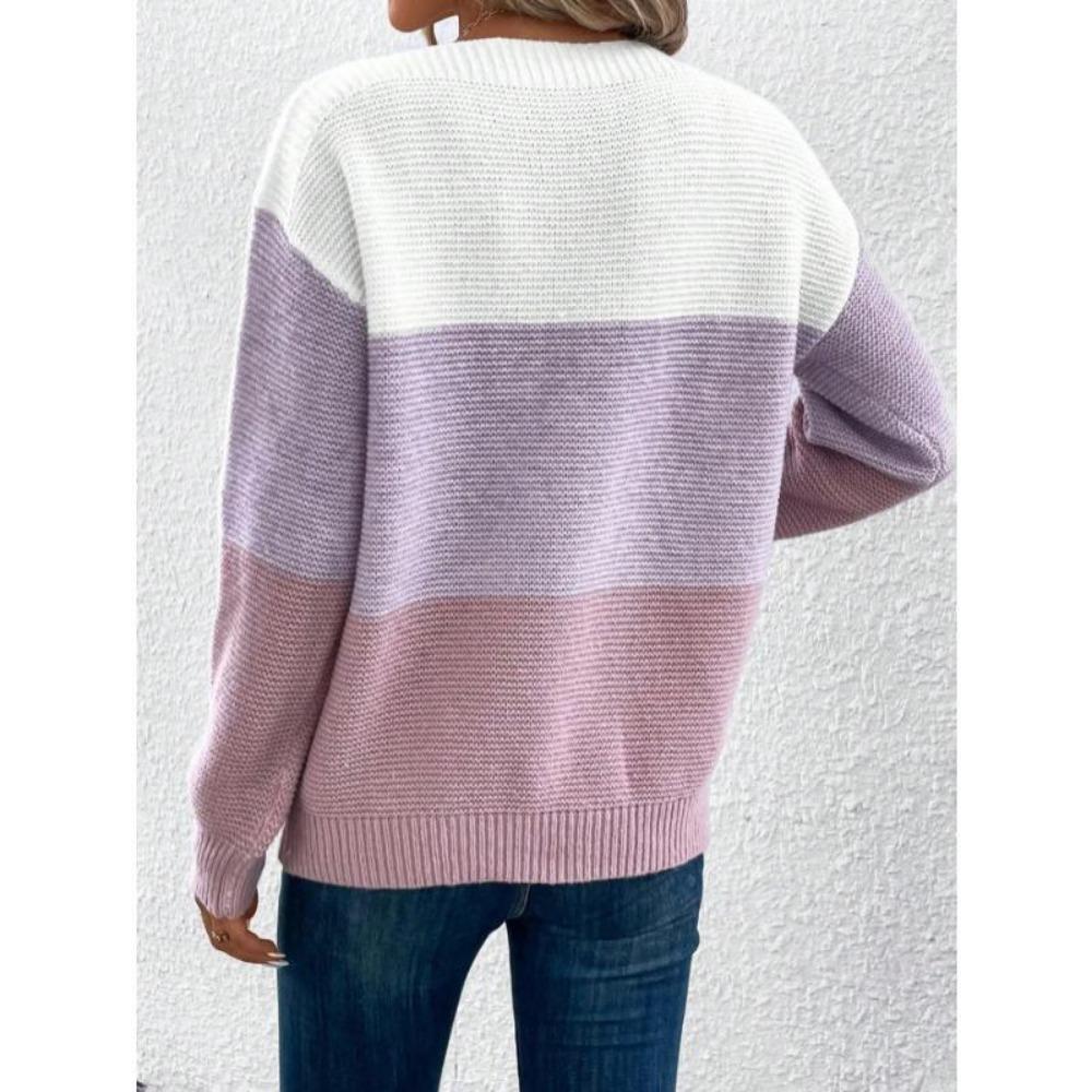 Elegant Three-color Patchwork Sweater Women Daily Commuter Casual Loose Jumpers Female Autumn Winter Knitted Thickened Warm Tops
