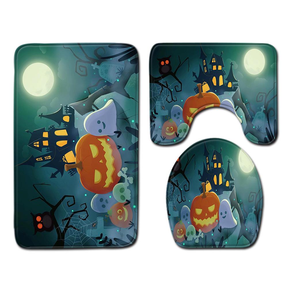 Halloween Shower Curtain Floor Mat Combination Four-Piece Set Bathroom Toilet Carpet Door Mat