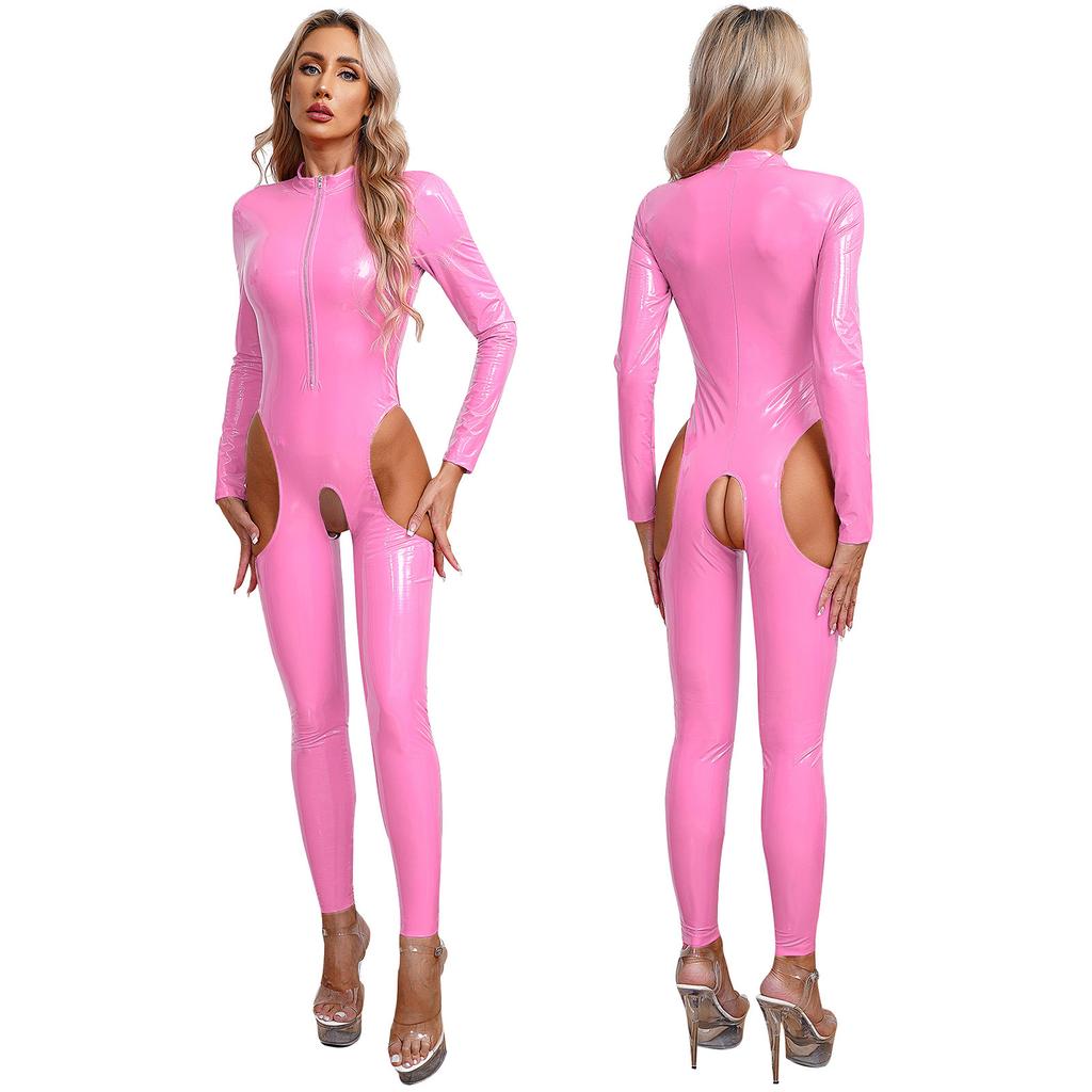 Womens One Piece Long Sleeve Crotchless Jumpsuit Wet Look Patent Leather Zipper Bodysuit Catsuit