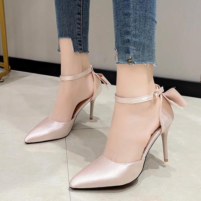 Women Sweet Pointed Toe Shallow Mouth Pumps New Red Wedding Shoes Kitten High Heels Fashion Bow Tie One-line Belt Shoes