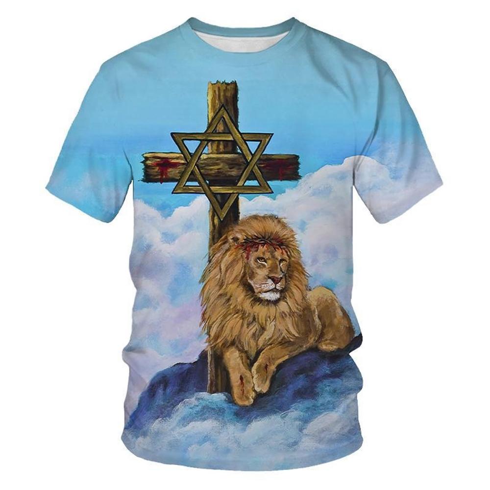 Cross Lion Pattern 3D Printed T-shirt Personalized Christian Art Round Neck Clothing Summer Fashion Creative Design Short Sleeved Tops
