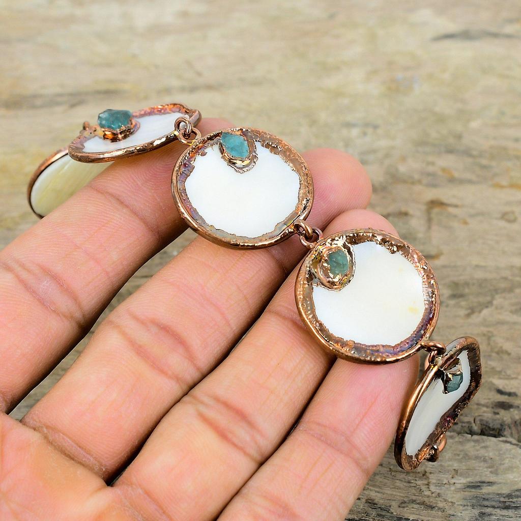 Mother Of Pearl Bracelet Electroformed Copper Bracelet Adjustable Chain Bracelet Electroformed Jewelry Aquamarine Rough Gemstone Bracelet