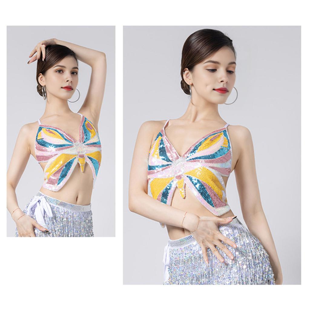 Женский костюм для танца живота, укороченный топ с открытой спиной, без рукавов, с пайетками, костюм для латинских танцев, бандажный жилет с регулируемыми резинками, праздничный топ