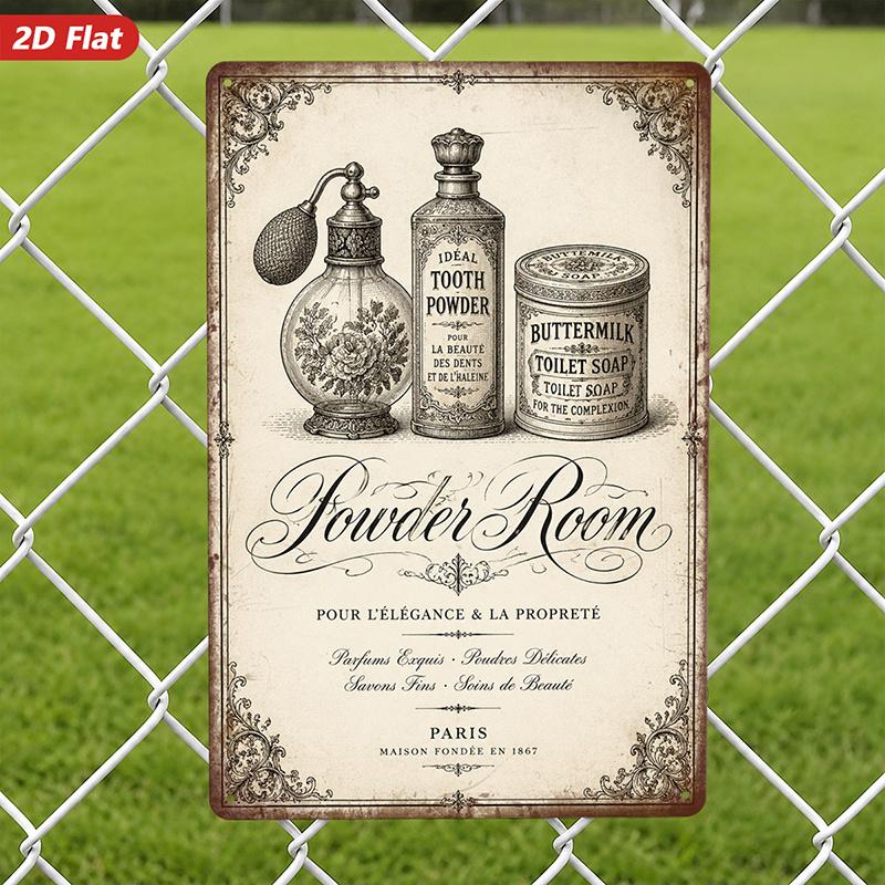 Vintage Powder Room Metal Sign with Perfume Bottle, Tooth Powder, and Buttermilk Soap