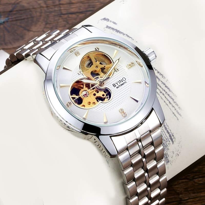BYINO Мужские механические водонепроницаемые часы из золотой стали