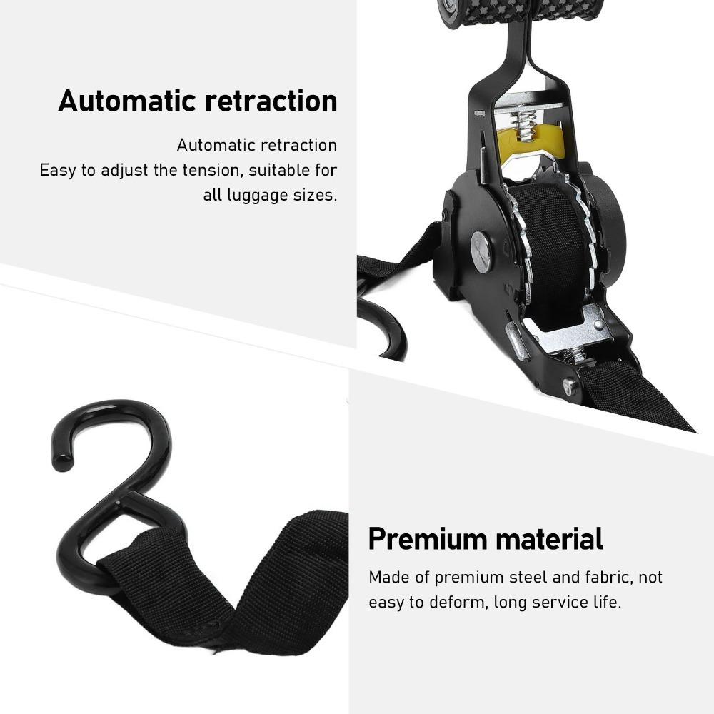 2pcs Balck Auto Ratchet Strap Self Winding Luggage Fixing Strap Durable Tie Down Strap Roof Rack