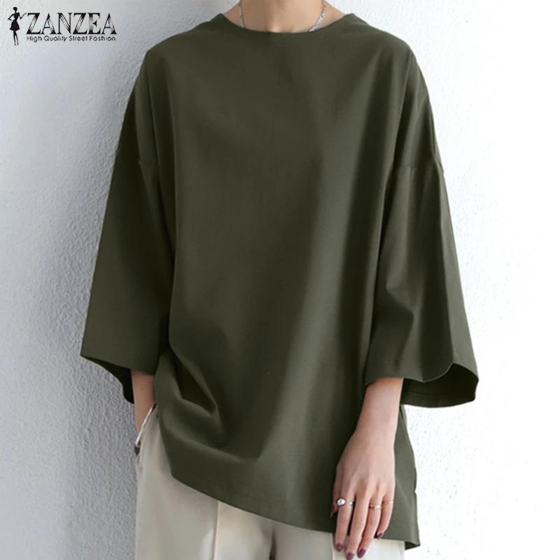 ZANZEA Women Casual O-neck Half Sleeve Blouse Tops Solid Color Loose Spring T-shirt