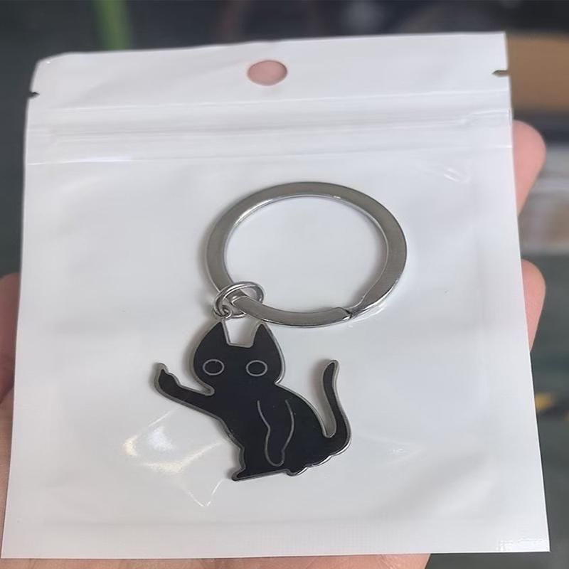 Unconvinced Kitten Keychain Cartoon Funny Stainless Steel Keychain Middle Finger Black Cat Pendant Car Keychain Gift