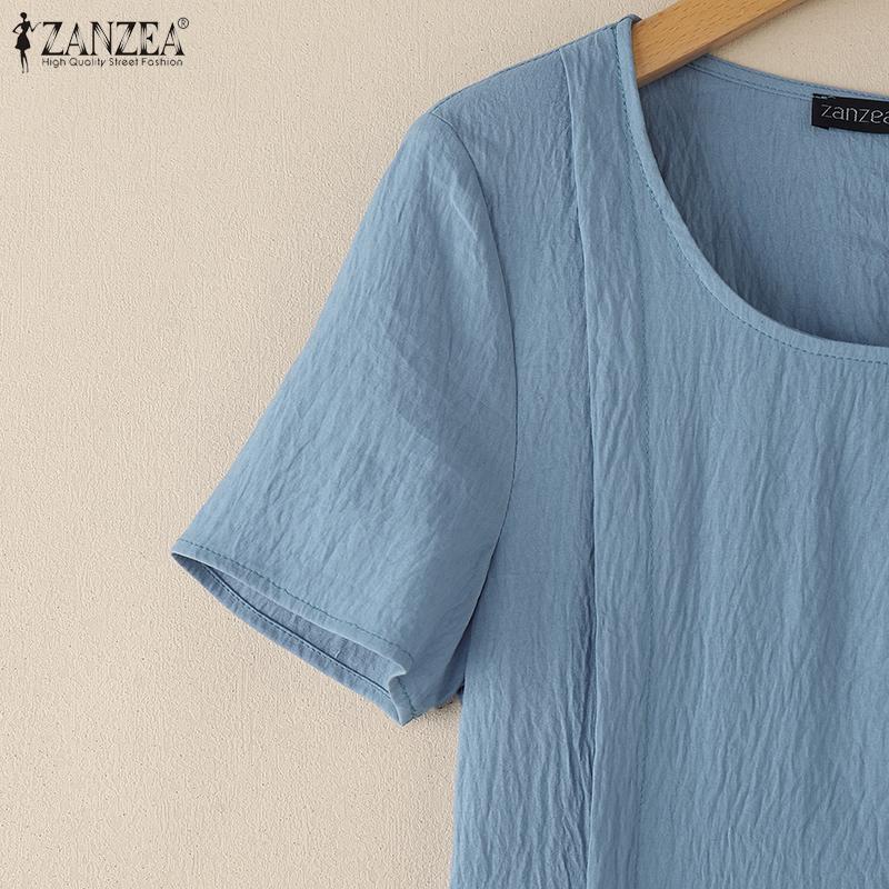 ZANZEA Women Casual Round Neck Solid Color Summer Short Sleeve Dress