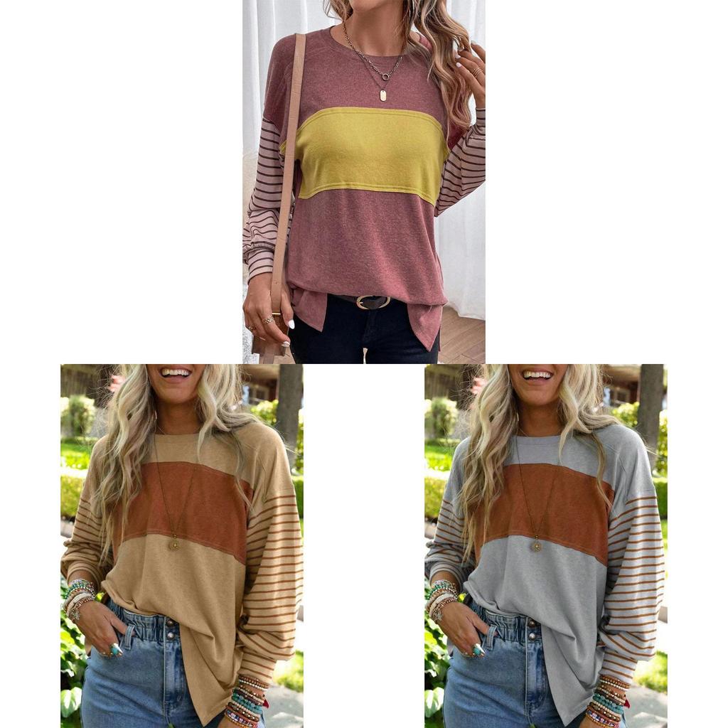 Polyester Striped Casual Long Sleeve T Shirt For Women With Color Block Design For Spring