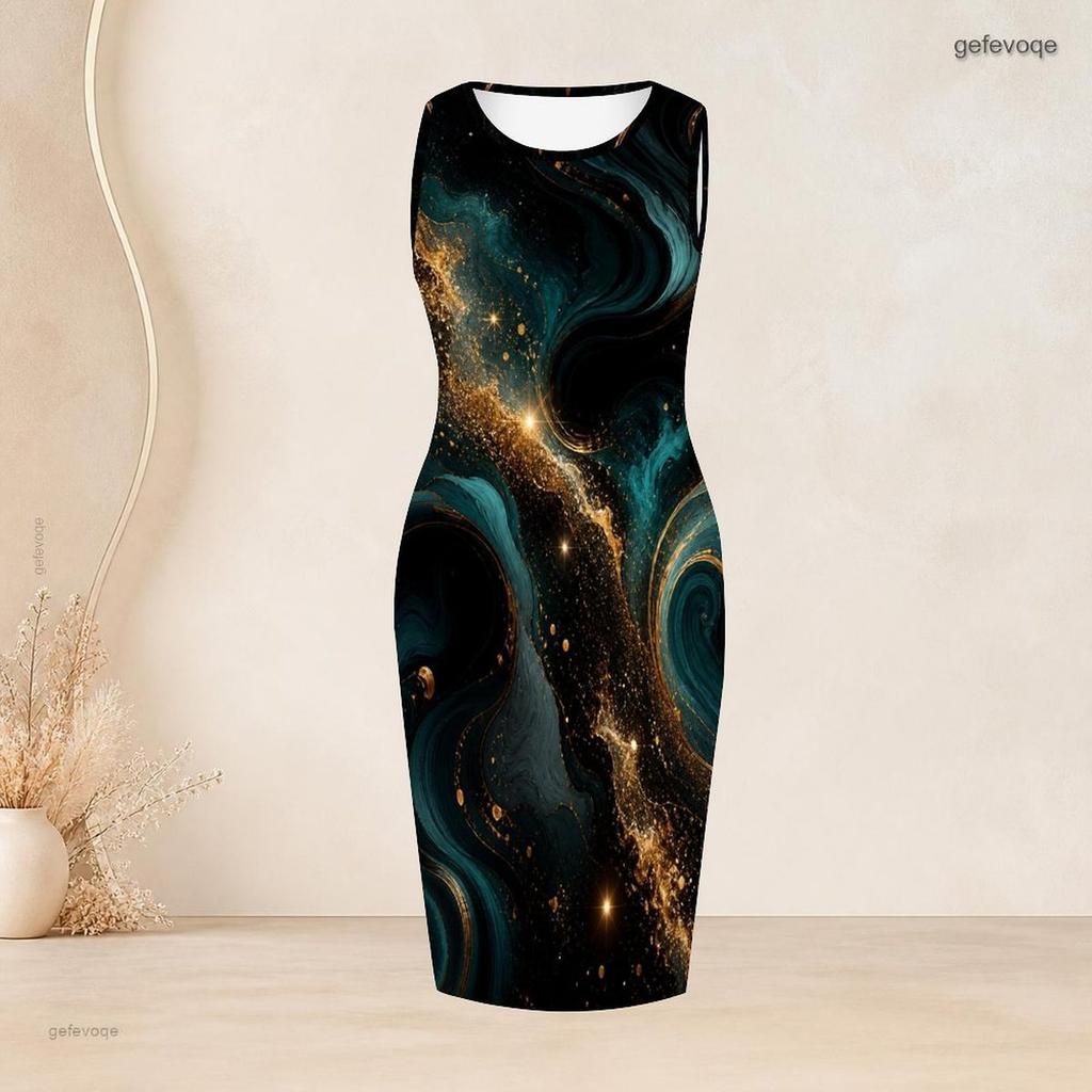 Women Plus Size Two Piece Set Sleeveless Bodycon Dress Long Sleeve Draped Cardigan Printed Black Teal Gold