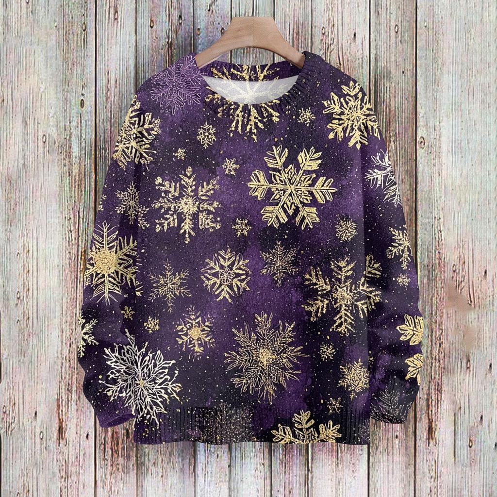 Women's Fashionable Casual Long-sleeved Checkered Printed Round-neck Sweater Knitted Top