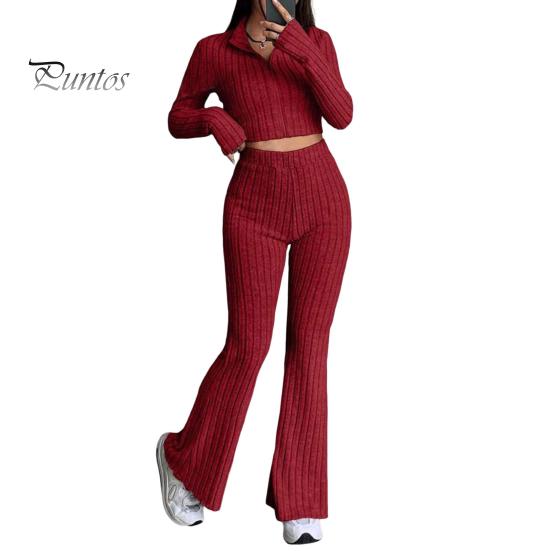 2 шт./комплект женский весенний наряд для поездок на работу топ расклешенные брюки комплект застежка-молния воротник стойка пальто высокая талия спортивный костюм эластичная повседневная одежда