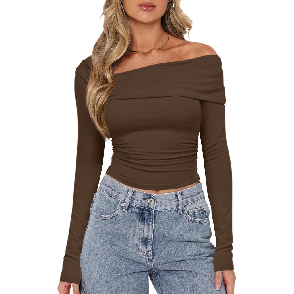 Женская мода, однотонный плиссированный топ на одно плечо с длинными рукавами, облегающий короткий топ с открытым пупком
