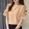 ZANZEA Women Casual Square Collar Loose Summer Short Sleeve Plain Blouse