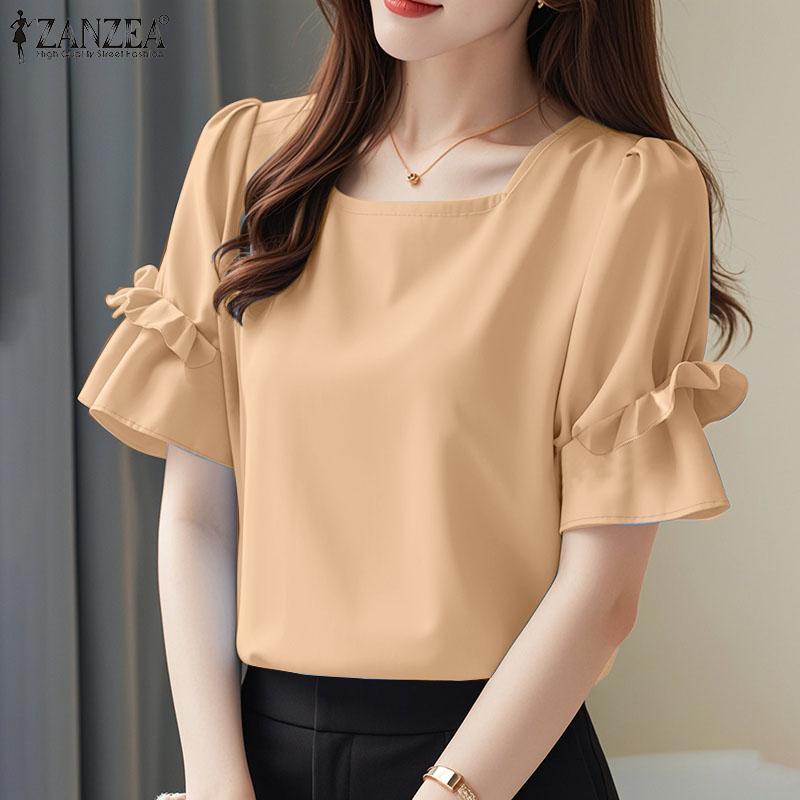 ZANZEA Women Casual Square Collar Loose Summer Short Sleeve Plain Blouse